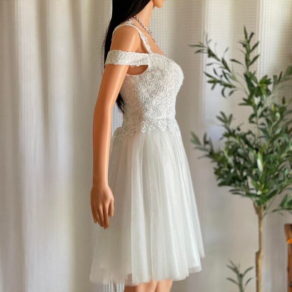 Cinderella Divine Off-Shoulder White Corset Mini Dress Sparkle Tulle Appliqué XS - Picture 5 of 8